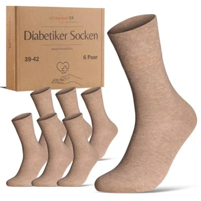 Imagen de calcetines para diabéticos sin cintura elástica y costuras, 97% algodón (6 pares), con cómoda hombre mujer, beige, 39 42