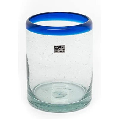Imagen de EMPORION Juego de 6 vasos soplados a mano (10 onzas) México con borde azul cobalto, vidrio burbujas reciclado rústico y hecho