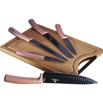 Imagen de Berlinger Haus I Rose Juego 5 Cuchillos Cocina Profesional Tabla Cortar Bambú, Hoja Acero Inoxidable Recubrimiento Antiadherente, Cocinero, Cebollero, Pan, Rebanador, Pelar, Diseño Elegante (BH 2554)