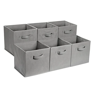 Imagen de Amazon Basics Cubos de almacenamiento, tela, plegables, con asas, 33x33x33 cm, color gris, juego 6