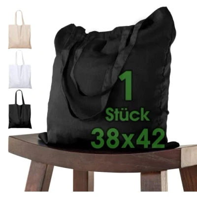 Imagen de ELES VIDA bolsa de algodón 38x42 cm 1 piezas sin imprimir, dos asas largas con certificación OEKO TEX® tela, transporte, algodón, compras, yute, Negro
