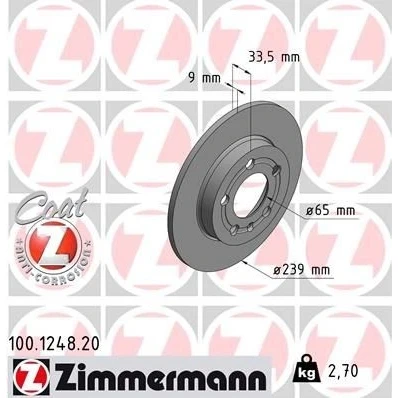 Imagen de ZIMMERMANN COAT Z 100.1248.20 Disco de freno 239 9 6/5 5 100 macizo revestido VOLKSWAGEN: Golf 4, 4 Variant, Bora Berlina, AUDI: A3 Hatchback
