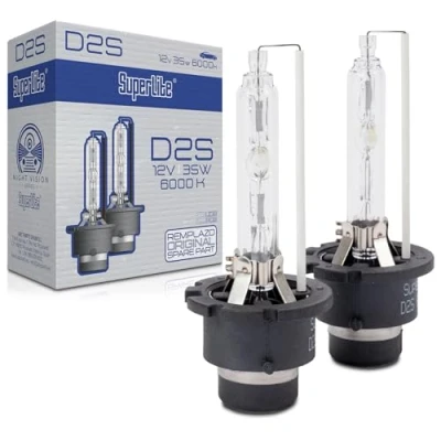 Imagen de Superlite Set de 2 Bombillas Xenón D2S 12V 35W 6000K para Faros Principales la Gama Night Vision. Homologación E1 R37/03 y Certificación RoHs CE. Luz blanca una visibilidad superior