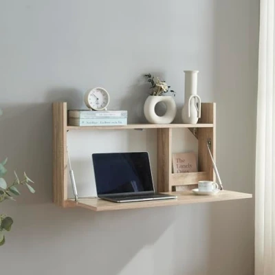 Imagen de [en.casa] Escritorio Plegable con 2 Compartimentos Mesa de Pared para Espacios Pequeños Trabajo Estudio Aglomerado Desplagado (AlxAnxPr): 48 x 83 cm Roble