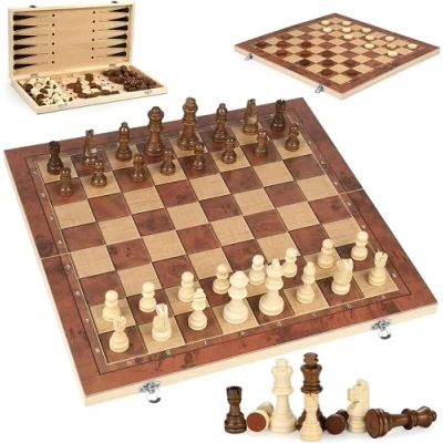 Imagen de Juego de Ajedrez Madera,3 en 1 Profesional,Plegable Tablero Ajedrez,Ajedrez Madera Piezas Ajedrez,Chess Niños y Adultos para Viaje Fiesta Regalos