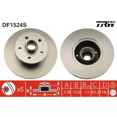 Imagen de TRW DF1524S Disco de freno 278 12,9 5 112 macizo barnizado VOLKSWAGEN: TRANSPORTER 3, 3 Bus, Kasten