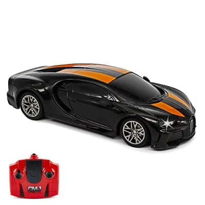 Imagen de CMJ RC Cars Bugatti Chiron Coche a Control Remoto con Licencia Oficial Escala 1:24, Luces de Trabajo 2.4 GHz (Negro/Naranja)