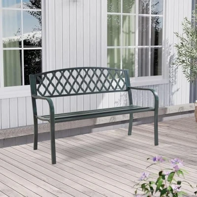 Imagen de casa.pro Banco de Jardín Exterior Opsasar Diseño Clásico Resistente Sofá 3 Plazas con Respaldo y Reposabrazos para Terraza Patio máx. 300 kg Acero 127 x 54 88 cm Gris Oscuro Pátina Verde