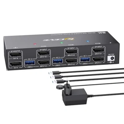 Imagen de Switch KVM 3 PC 2 monitores 8K@30Hz, DisplayPort 4K@144Hz para partes de PC, y 4 dispositivos USB3.0 con fuente alimentación + cable USB controlador escritorio