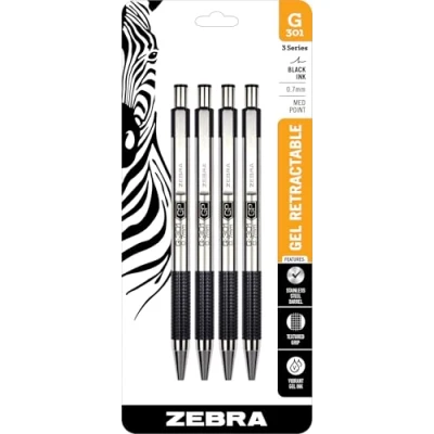 Imagen de Zebra G 301 Bolígrafo de gel retráctil acero inoxidable, punta media, 0,7 mm, tinta negra, 4 unidades