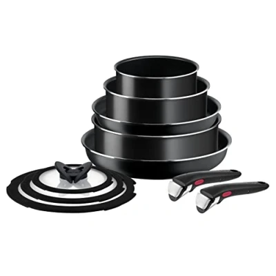 Imagen de Tefal Juego de ollas y sartenes Ingenio Easy ON, 10 piezas, apilables, mango extraíble, ahorra espacio, con revestimiento antiadherente, negro, L1599143