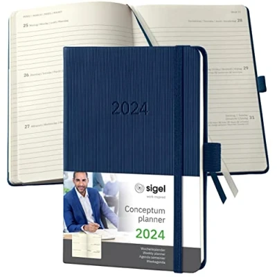 Imagen de SIGEL C2463 Conceptum Agenda semanal 2024, aprox. A6, azul oscuro, tapa dura, dos páginas = una semana, 176