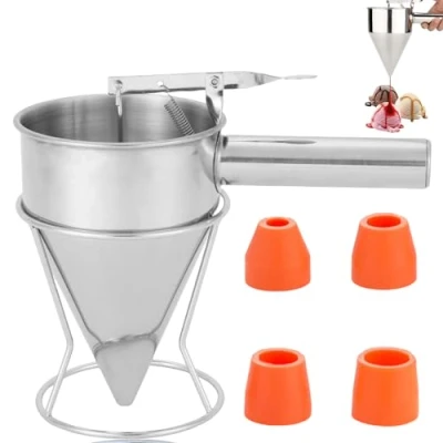 Imagen de dispensador de masa para panqueques, 1,2 L, acero inoxidable, con soporte, embudo, tartas 4 embudos, embudo pistón, batter, hornear,