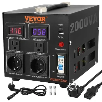 Imagen de VEVOR Transformador Convertidor de Voltaje Sube/Baja 220 110V/110 220V 2000 W CE con 2 Enchufes NEMA 5 15R 3 Pines EE.UU., Shucko Europeos, 1 Conector USB, Tipo C
