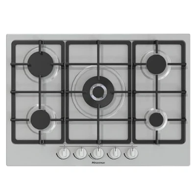 Imagen de Hisense GM773XF Encimera de gas, 5 zonas cocción, ancho 70 cm, quemador Wok doble corona y rejillas hierro fundido, encendido integrado, inoxidable antihuellas