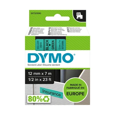 Imagen de DYMO D1 etiquetas auténticas, impresión negra sobre fondo verde, 12 mm נ7 m, autoadhesivas para etiquetadoras LabelManager
