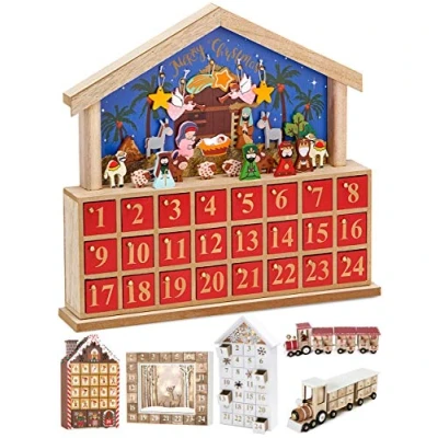 Imagen de BRUBAKER Calendario de Adviento Madera Reutilizable para Rellenar Belén con 24 Puertas DIY Navidad 34.5 x 32 6 cm
