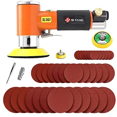 Imagen de SI FANG Mini kit de lijadora orbital aleatoria, pulidora aire para coche con 45 almohadillas discos lijado 1, 2, 3 pulgadas, máquina alta velocidad, herramientas molienda