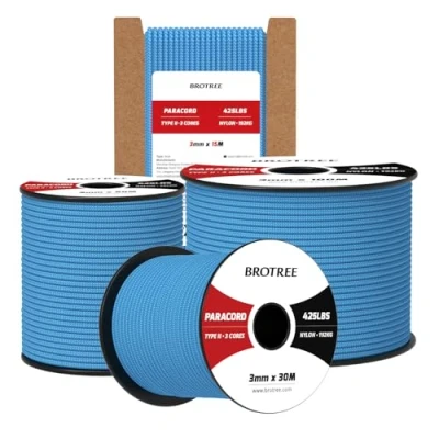 Imagen de Brotree Paracord 3mm 30M Cuerda 100% Nylon Tipo II 3 Hebras 425 para Exterior, Bricolaje 192 kg Carga de Rotura (Azul Cielo)