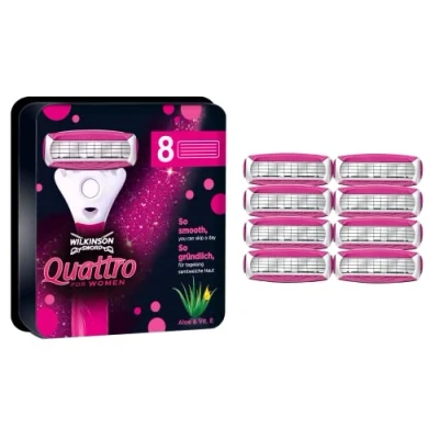 Imagen de Wilkinson Sword Quattro for Women Pack de 8 Recambios Cuchillas 4 Hojas con Bandas Lubricantes Aloe Vera y Vitamina E Válidos para Maquinilla