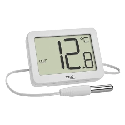 Imagen de TFA Dostmann Termómetro digital para interiores y exteriores, 30.1066.02, incluye sensor impermeable (aprox. 3 m), valores máximos mínimos, con imán/soporte, pantalla grande, funciona pilas,
