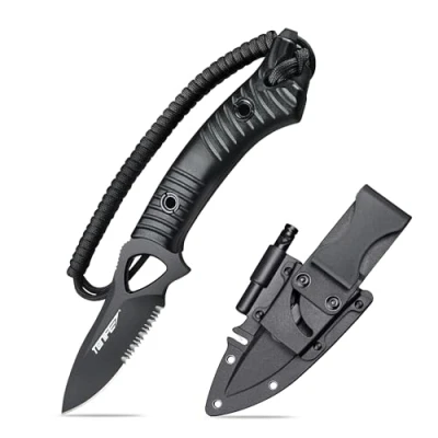 Imagen de TONIFE Explorer Cuchillo de Hoja Fija con Funda 8Cr14MoV Blade Multifuncional Supervivencia, Fibra Vidrio Reforzada Mango Nylon para EDC (Negro Titanio Serreta)