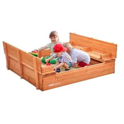 Imagen de VEVOR Caja de Arena Madera 133 x 120 43 cm Arenero con Bancos Plegables y Revestimiento Inferior para Niños 3 a 12 Años Exteriores, Patio, Playa, Parque