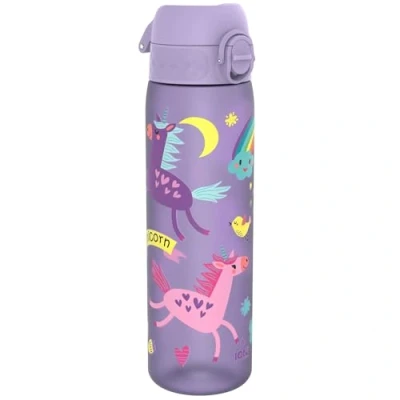 Imagen de Ion8 Botella Agua, 500ml, a Prueba de Fugas, Fácil Abrir, Cerradura Segura, Apta para Lavavajillas, Sin BPA, Asa Transporte, Limpiar, Neutro en Carbono, Unicornios Púrpura