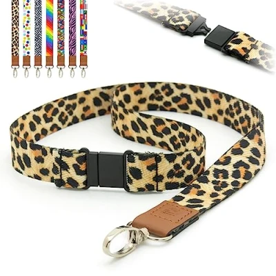 Imagen de Correa para el cuello lanyard cordones Tirador de seguridad preimpreso con diseño leopardo y animal, clip metal, soportes tarjetas identificación 2 cm, paquete 10