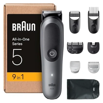Imagen de Braun Todo En Uno Series 5 AIO5545, Kit De Styling 9en1, Lámina Ultra Afilada, 120 Min, SkinGuard Para El Cuerpo, Recorte Preciso Y Eficiente, AquaGrip Uso Bajo Agua, Gris