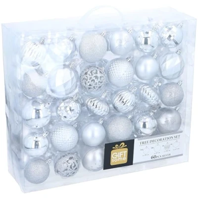 Imagen de Giftsome Bolas de Navidad Plateadas 60 Adornos Plástico Incl. Pico Plata Decoración para Uso en Interiores y al Aire Libre Ø6/7 cm
