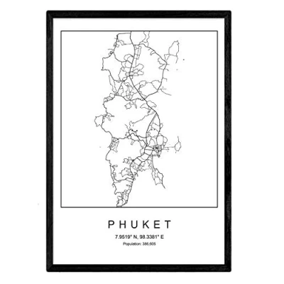 Imagen de Nacnic Lámina Mapa de la Ciudad Phuket Estilo nordico en Blanco y Negro. Poster tamaño A3 Enmarcado con Marco Negro Impreso Papel 250 gr. Cuadros, láminas Posters para Salon Dormitorio