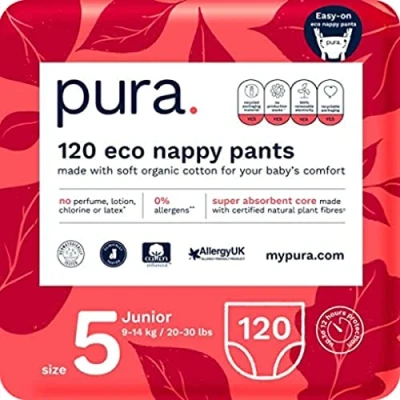 Imagen de Pura Ecológico Pantalones pañales Talla 5 (9 14kg /20 30lbs) Paquete mensual 6 x 20 Total 120 de aprendizaje para niños y niñas, con certificación ecológica la UE