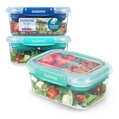 Imagen de recipientes para guardar alimentos To Go Stax de Sistema 1 L Juego 3 herméticos con compartimentos Sellado hermético Clips cierre fácil Sin BPA