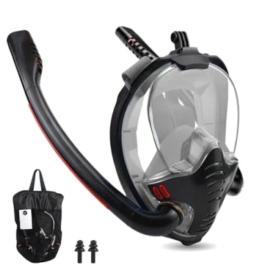Imagen de Mascara Snorkel,Snorkel Adulto Panorámicas de 180,Mascara Buceo con Lente Vidrio,Anti vaho Anti Fuga Compatible Soporte Cámara(Negro,M)