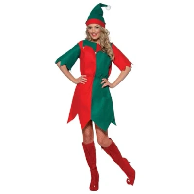Imagen de Smiffys Disfraz de elfa, Rojo y verde, con gorro túnica