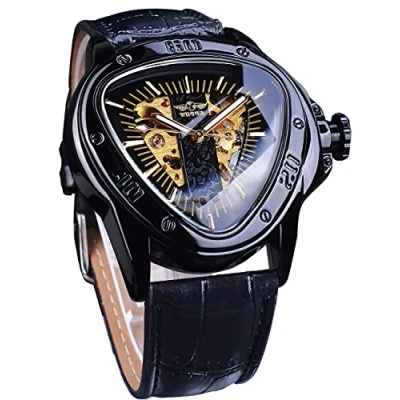 Imagen de Winner reloj de pulsera mecánico moda, esfera triangular carreras, impermeable, esqueleto dorado, movimiento automático, diseño cuero, para hombre, negro_1,