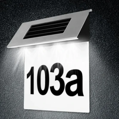 Imagen de número de casa iluminado solar, solar 4 ledes, placa IP65, resistente al agua, acero inoxidable, casa, con letras a h,