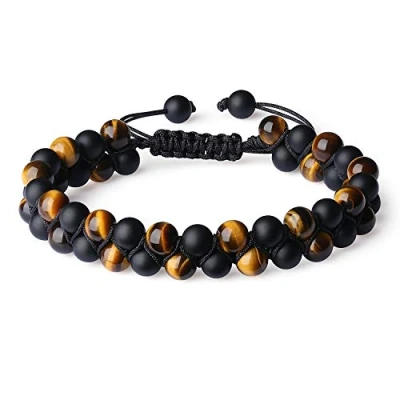 Imagen de COAI Pulsera Ajustable Doble Capa de Piedras Semipreciosa Ónice Mate y Ojo Tigre para Hombre