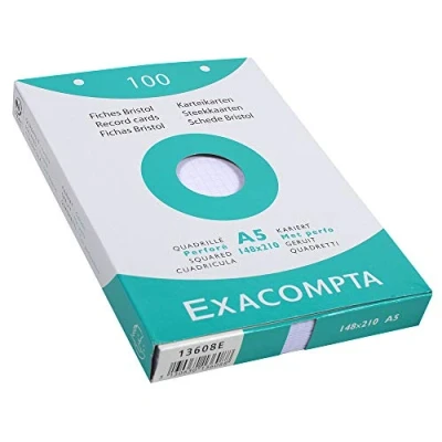 Imagen de Exacompta 13608E Caja de 100 tarjetas bristol rejilla 5x5 perforadas formato 148 x 210 mm compatible con impresoras inkjet, láser y fotocopiadoras color blanco