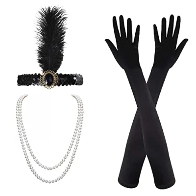 Imagen de MIVAIUN 1920s Flapper Accesorios, Años 20 Accessorios de Charlestón para Mujer Disfraz Gran Gatsby, Diadema, Collar Perlas, Guantes, 20&#039;s Theme Costume Gatsby Accessories Set