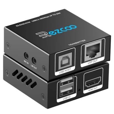 Imagen de HDMI KVM Extender USB a RJ45 través de Cat5e/6/7 1080P @ 60Hz hasta 150ft/50M, transmisor Ethernet, receptor compatible con teclado ratón 2 puertos USB2.0 Hub POE Audio estéreo