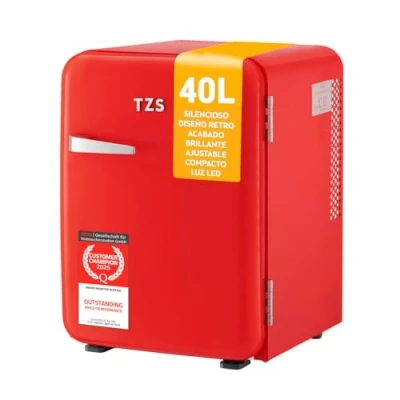 Imagen de TZS First Austria Mini Nevera 40L Totalmente silenciosa Diseño retro Control de temperatura Iluminación LED 2 compartimentos en la puerta + 6 estantes flexibles rojo