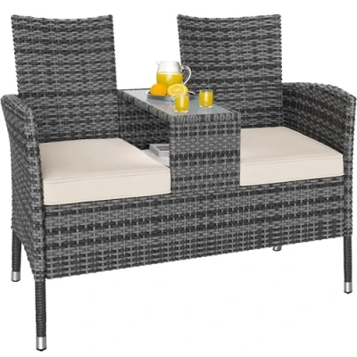 Imagen de CASARIA® Banco Terraza Exterior 2 Asientos Poliratán hasta 320Kg Mesa Cristal con Cojines Estante Resistente Intemperie 143x55x88cm Gris