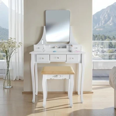 Imagen de TecTake Tocador, Mesa con Espejo y Taburete, Aparador para cosméticos, Cómoda, Tocadora de Maquillaje