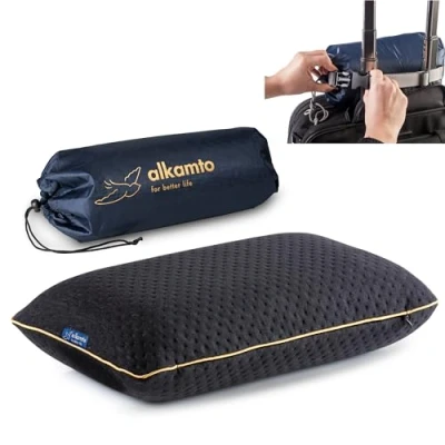 Imagen de alkamto Almohada de Viaje Camping ergonómica Espuma viscoelástica con Funda reguladora Temperatura Oeko Tex Fabricada en Verde (40 x 25 10 cm Negro)