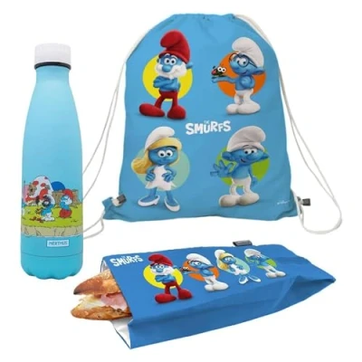 Imagen de Nerthus FIH 1075 Set Mochila + Bolsa Bocadillo Botella Doble Pared 350 ml Pitufos