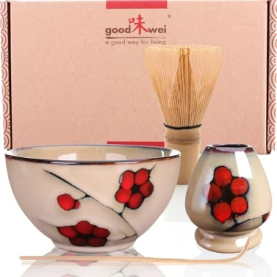 Imagen de Goodwei Juego de té Matcha Premio Cuenco Ceremonial, Batidor y Soporte (Plum, 80)
