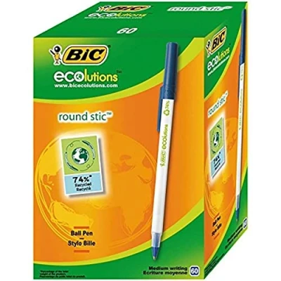 Imagen de BIC Round Stic ECOlutions Bolígrafos de Punta Media (1,0 mm) Azul, Caja 60 unidades Fabricados con un 74% materiales reciclados (8932402)