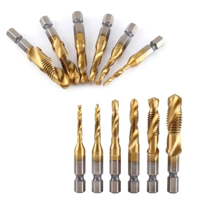 Imagen de brocas y machuelos HSS, 6 piezas de rosca métrica M3 M10 HSS recubiertas titanio Vástago hexagonal 1/4 &quot;, Broca acero alta velocidad Eliminación errores artificiales, má